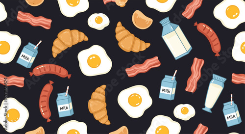 Delicious breakfast food items seamless pattern featuring fried eggs bacon croissants sausages and milk cartons on dark background.