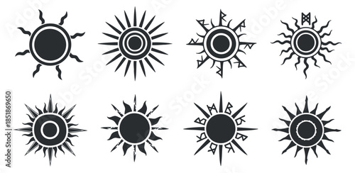 A collection of eight unique sun icons in black and white outline vector style, ideal for graphic design projects