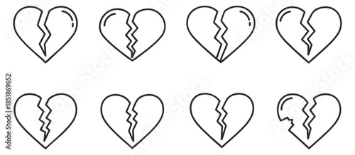 A collection of broken heart icons in minimalist outline vector style, suitable for emotional design projects and illustrations