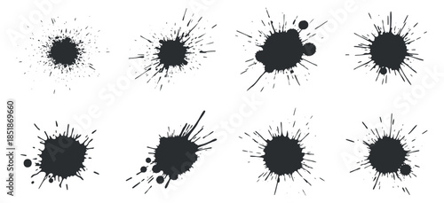A collection of black ink splashes and paint stains in modern vector style, suitable for artistic projects and graphic design