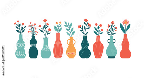 Collection of colorful elegant vases showcasing diverse designs and containing beautiful flowers perfect for home decor illustrations.