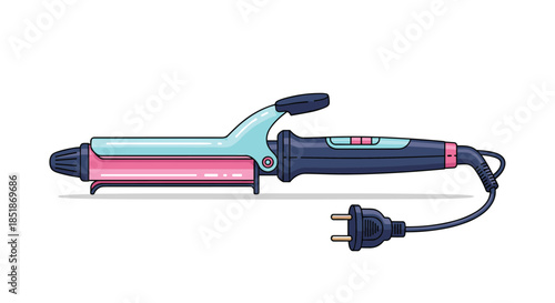 Modern electric hair curler or curling iron in pink and blue colors with a power cord and plug.
