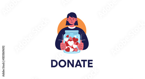 Happy woman character holding a large glass jar filled with hearts, with the bold text DONATE below it.