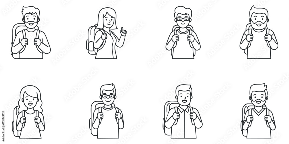 Fototapeta premium A set of diverse students with backpacks in minimalist line art vector style, ideal for educational graphics and branding