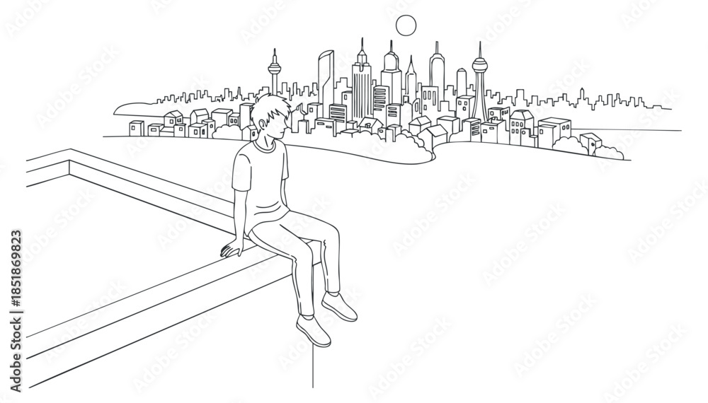 Obraz premium A minimalist outline illustration of a person sitting on a ledge overlooking a city skyline in vector style, perfect for urban lifestyle themes