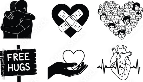 Flat design minimalist black heart icon set showing hugging couple bandage heart collage of faces free hugs sign hand holding heart anatomical heart with heartbeat line