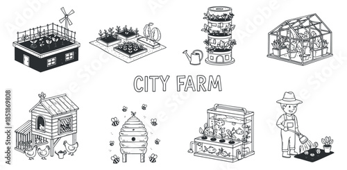 A collection of city farm illustrations featuring greenhouses, beekeeping, chickens, and urban gardening in black and white vector style, perfect for eco-friendly projects.