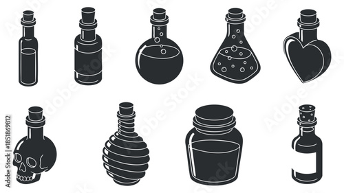 A collection of potion and bottle illustrations in black and white flat vector style, ideal for mystical and alchemical designs