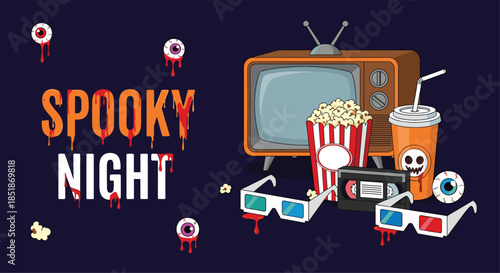 Creepy Halloween spooky night theme featuring a vintage TV popcorn soda VHS tape and bloody 3D glasses with eyeballs.