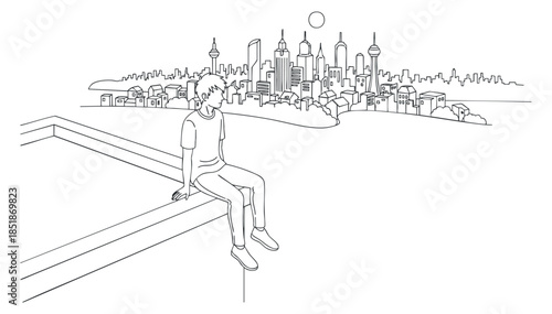 A minimalist outline illustration of a person sitting on a ledge overlooking a city skyline in vector style, perfect for urban lifestyle themes