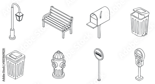A collection of urban street elements including a lamp post, bench, mailbox, trash can, fire hydrant, parking meter in minimalist outline vector style, ideal for cityscape illustrations