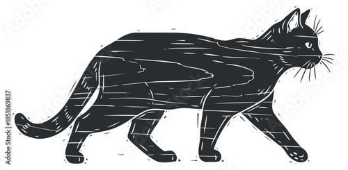 A walking cat illustration in black and white sketch style, ideal for pet-related designs and merchandise
