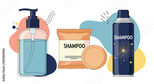 Collection of diverse shampoo products including a pump bottle shampoo bar and spray bottle with abstract shapes.
