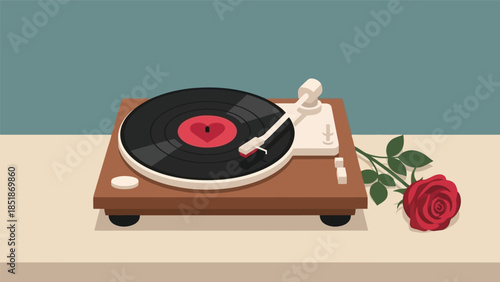 Vintage Turntable with Rose: Romantic Retro Music Decor