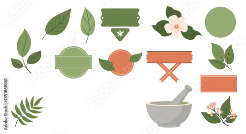 Collection of natural herbal and organic design elements featuring leaves flowers blank labels and a mortar and pestle.