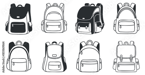 A collection of various backpack designs in black and white minimalist vector style, suitable for fashion and lifestyle branding