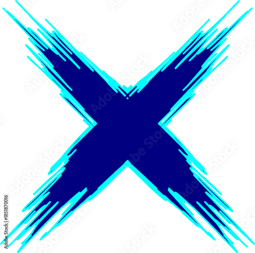 A stylized blue 'X' mark with a vibrant cyan outline, appearing distressed or energetic on a white background.