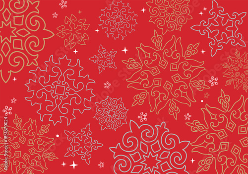 Red Festive Background with Traditional Oriental Ornaments