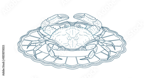 Elegant blue crab resting on a decorative plate rendered in a detailed line art illustration style.