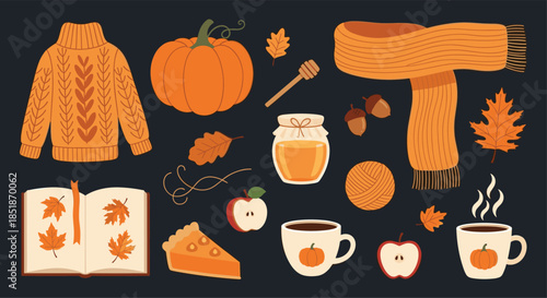 Cozy autumn collection featuring a knitted sweater pumpkin scarf honey jar pie slices and fall leaves on a dark background.