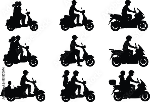 Motorcycle and scooter rider silhouettes set, men women passengers, urban transport, delivery, travel, speed, helmet, vector illustration isolated white background