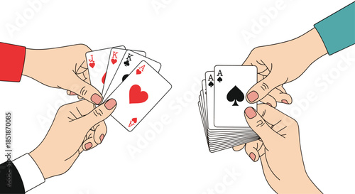 Two hands holding different sets of playing cards with one hand fanning various ranks and the other holding a stack of spades.