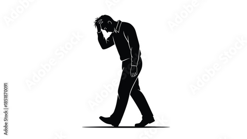 Silhouette of a depressed businessman walking with his hand touching his head in despair