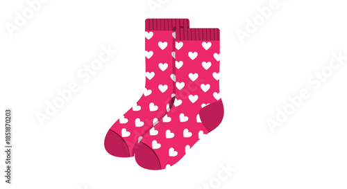 Adorable pair of pink socks adorned with charming white heart patterns perfect for romantic or playful designs.
