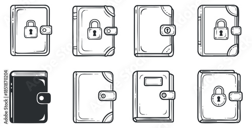 A collection of locked journals and notebooks in black and white minimalist vector style, suitable for stationery design and branding