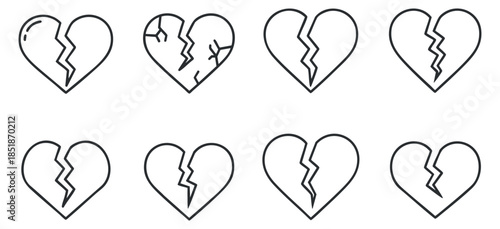 A collection of broken heart icons in simple outline vector style, perfect for expressing emotions and relationship themes