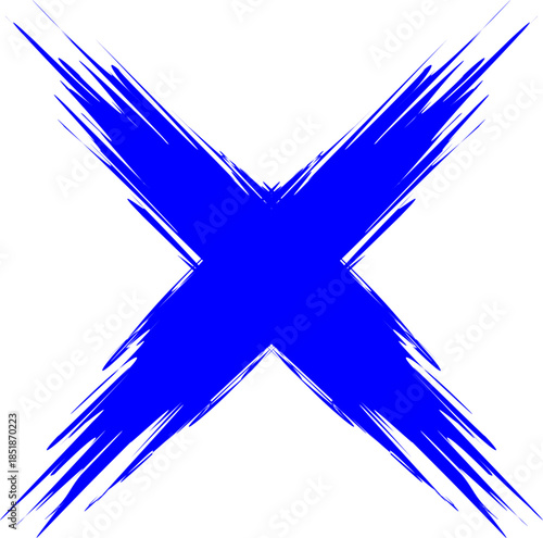 A vibrant blue distressed X mark with a grunge brushstroke effect on a white background, symbolizing cancellation or a cross.