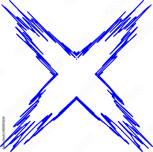 A dynamic blue 'X' symbol with jagged, fragmented lines on a clean white background, creating an abstract and energetic graphic design.