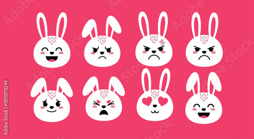 Collection of eight cute rabbit emoji faces displaying a range of emotions from happy to angry on a vibrant pink background.