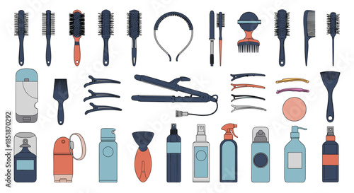 Extensive collection of diverse hair care tools and products including brushes combs straighteners clips and various sprays.