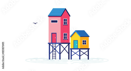 Quaint colorful stilt houses standing in the water with a small bird flying in the sky minimalist architecture.
