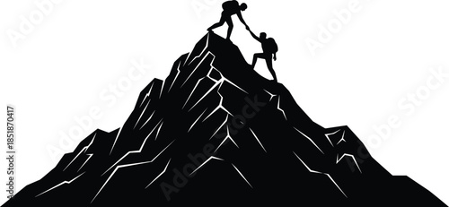 Mountain climbing teamwork silhouette isolated on white background, climbers helping each other reach summit, leadership, success, challenge concept illustration