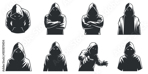 A collection of eight hooded figure silhouettes in black and white minimalist vector style, ideal for urban fashion branding and streetwear designs