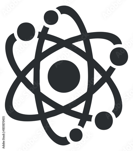 An abstract representation of an atom with electrons in black and white minimalist vector style, suitable for educational materials and scientific branding