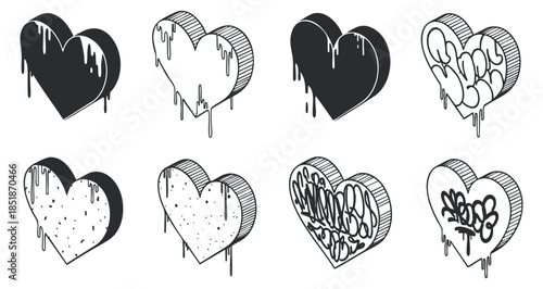A collection of eight stylized hearts with dripping designs in black and white, perfect for creative projects and romantic themes