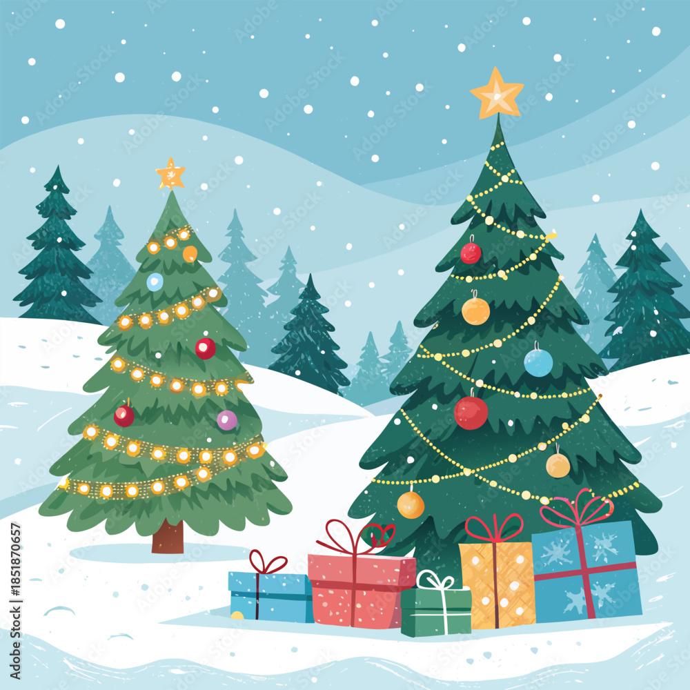 Obraz premium New-year-card--Christmas-trees-and-gift