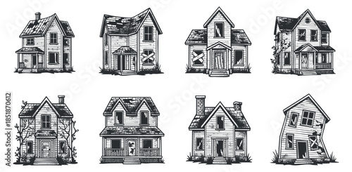 A collection of nine vintage abandoned houses in black and white illustration style, ideal for creative design projects