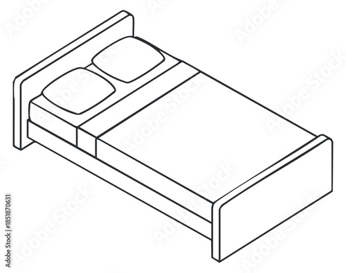 A minimalist outline illustration of a double bed with pillows and a headboard in flat vector style, suitable for interior design layouts
