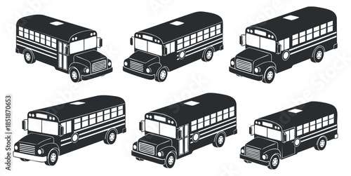A set of six school bus illustrations in black and white vector style, perfect for educational materials and transport graphics