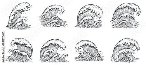 A collection of eight different wave illustrations in black and white line art style, ideal for coastal and ocean-themed designs