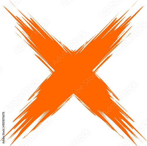 Orange grunge brushstroke X mark on a white background, symbolizing cancellation or a cross.