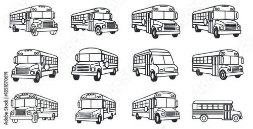 A collection of various bus illustrations in black and white outline style, suitable for transportation-related designs and projects