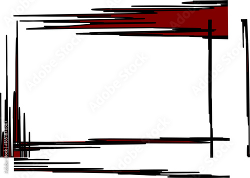 Abstract frame with jagged black and dark red lines on a white background, creating a distressed and artistic border effect.