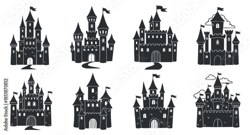 A collection of eight different castle illustrations in black and white vector style, perfect for fantasy-themed designs and children's projects