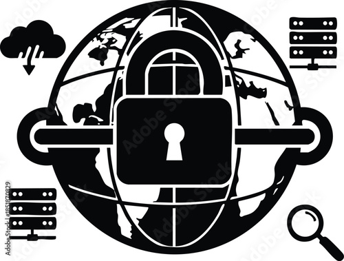 Flat design close up globe with front facing padlock magnifier and server racks and directional sign for global data protection icon in black silhouette minimalist vector