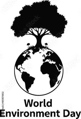 Flat design tree growing from globe icon symbolizing environmental protection with world environment day text below bold black silhouette portrait close centered minimal logo eco symbol